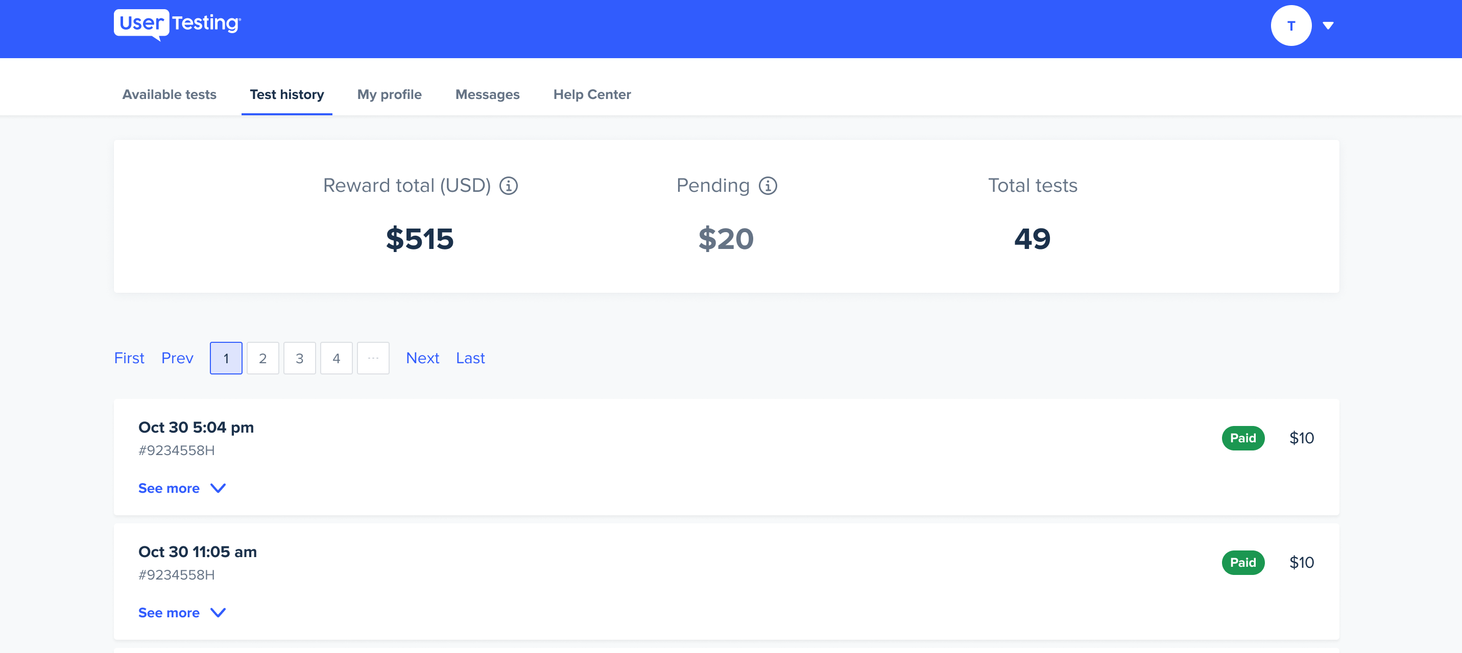 The contributor dashboard with the test history tab selected. The page displays a running total of payments for each completed test.