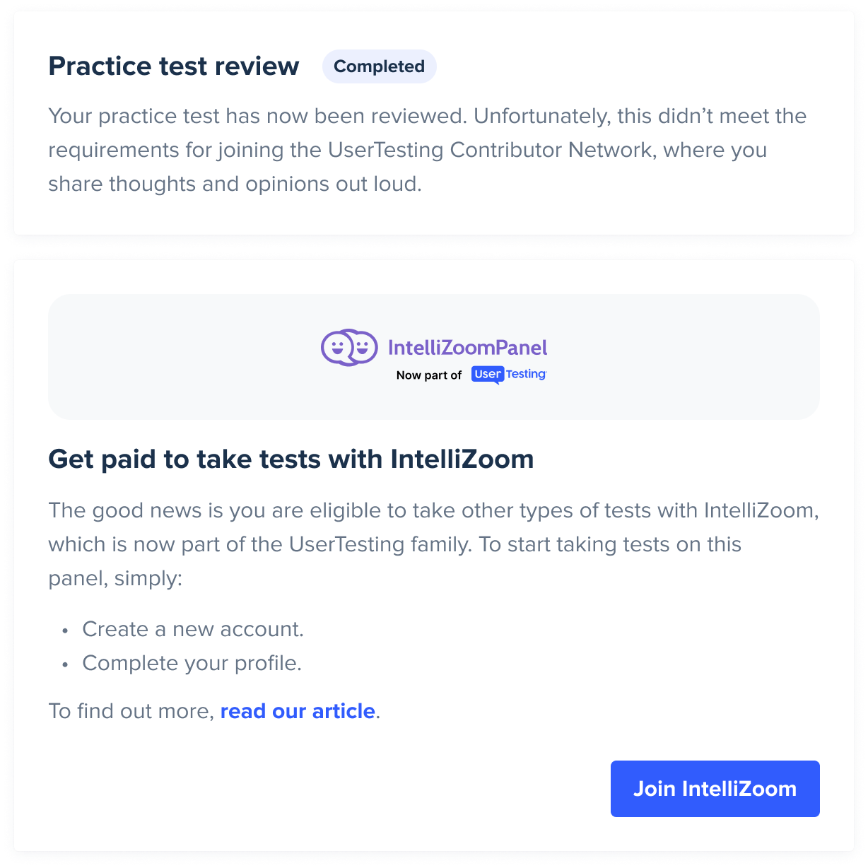 A screenshot of the dashboard invitation to join the IntelliZoom panel. The invitation contains an explainer that the applicant hasn't passed the practice test. There is a button available to Join Intellizoom