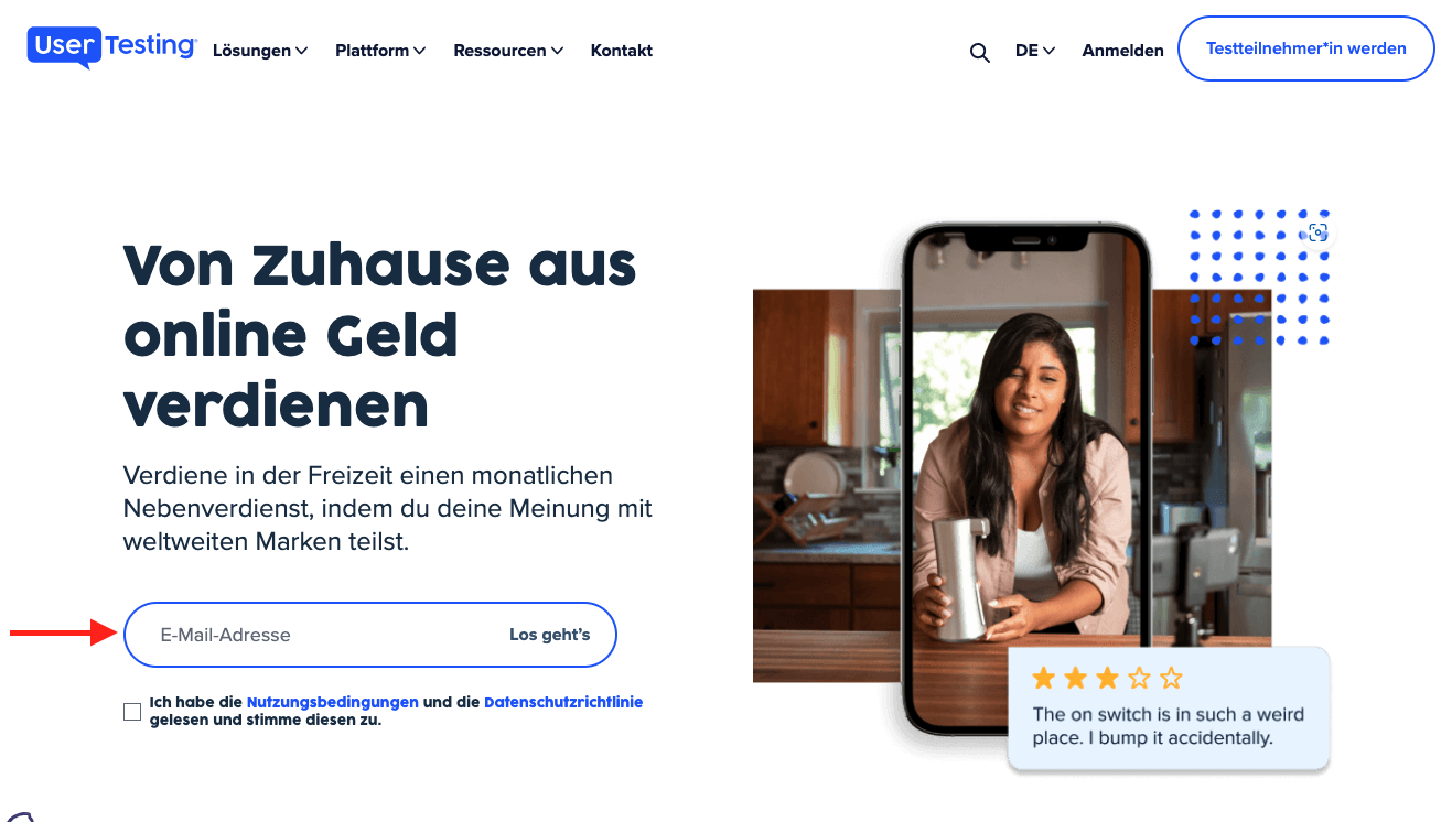 Die UserTesting-Anmeldeseite mit einem roten Pfeil, der auf das Eingabefeld für die E-Mail-Adresse zeigt