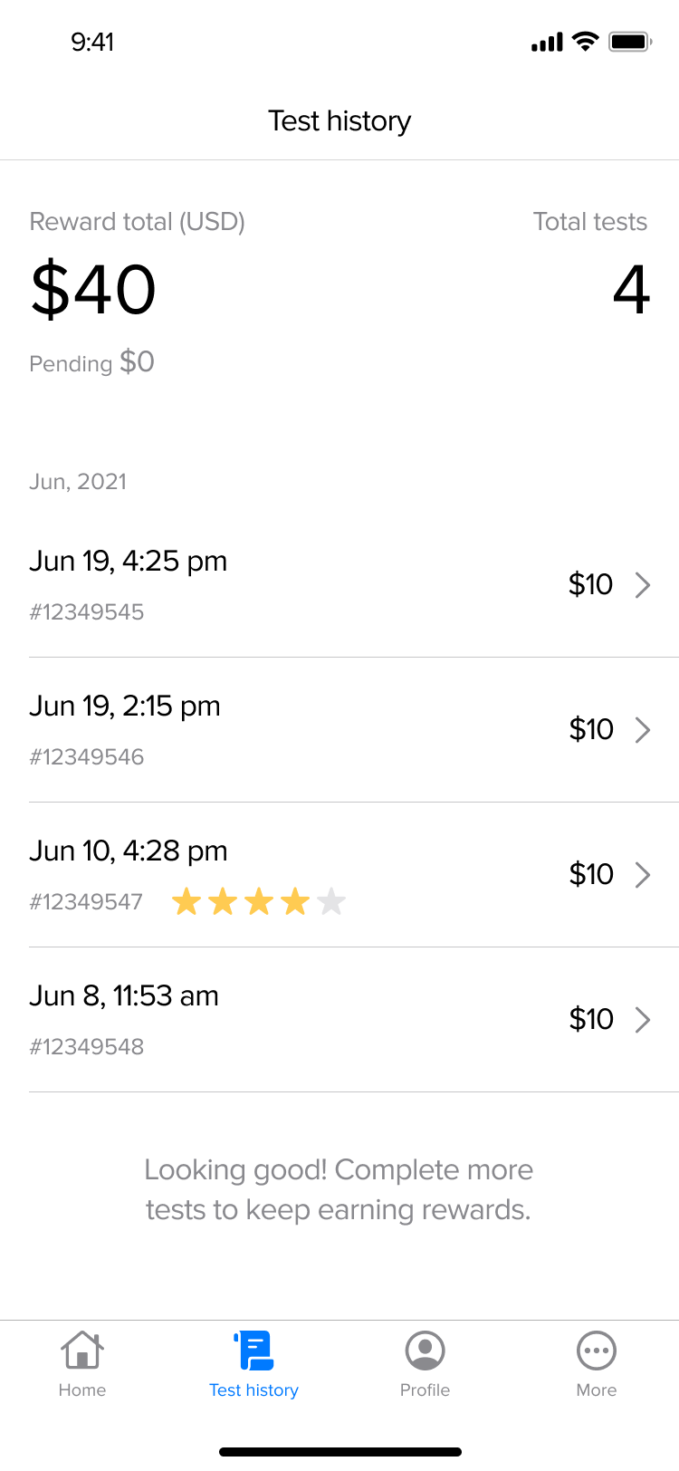 The mobile dashboard with the Test history tab selected. The screen displays a running total of payments for each completed test.
