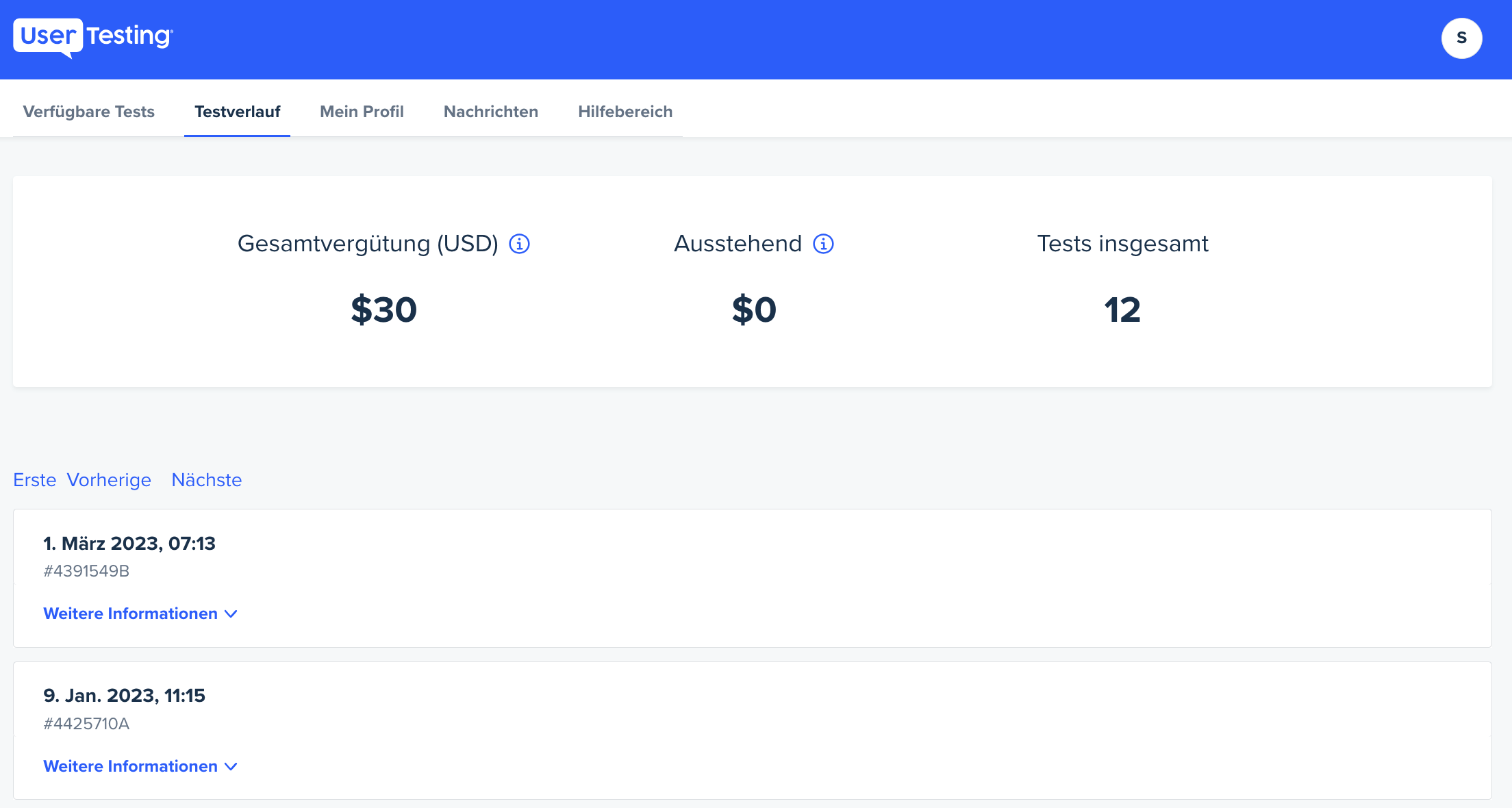 Das Dashboard für Testteilnehmer mit ausgewählter Registerkarte Testverlauf. Die Seite zeigt eine laufende Summe der Zahlungen für jeden abgeschlossenen Test an.