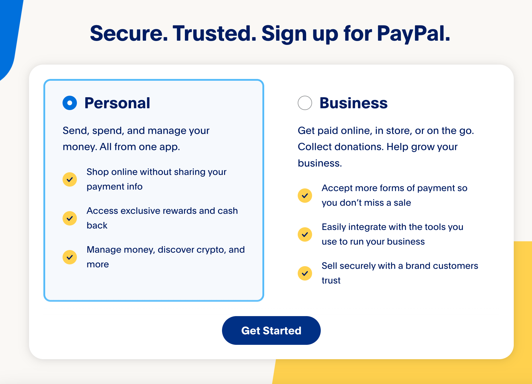 The PayPal account creation screen. The option to create a Personal account is selected, and a Get Started button is available for users who are ready to continue creating their account.