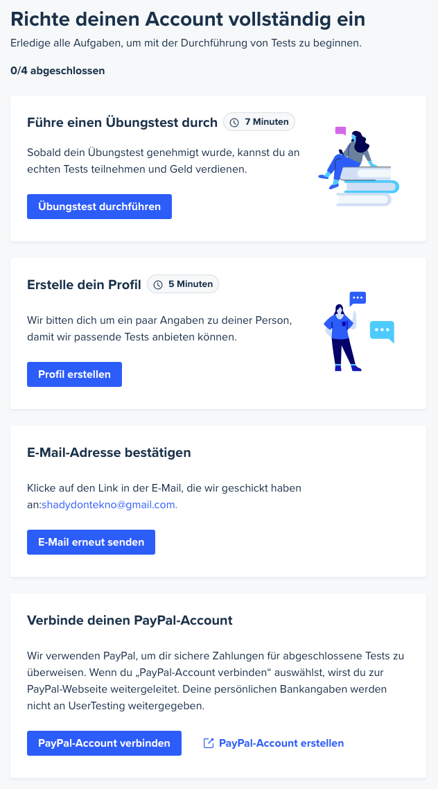 Eine Reihe von Kacheln auf dem Dashboard. Jede Kachel steht für einen Schritt, der zum Abschluss der Einrichtung Ihres Kontos erforderlich ist, und enthält eine Beschreibung und eine Schaltfläche zum Abschließen des Schritts.