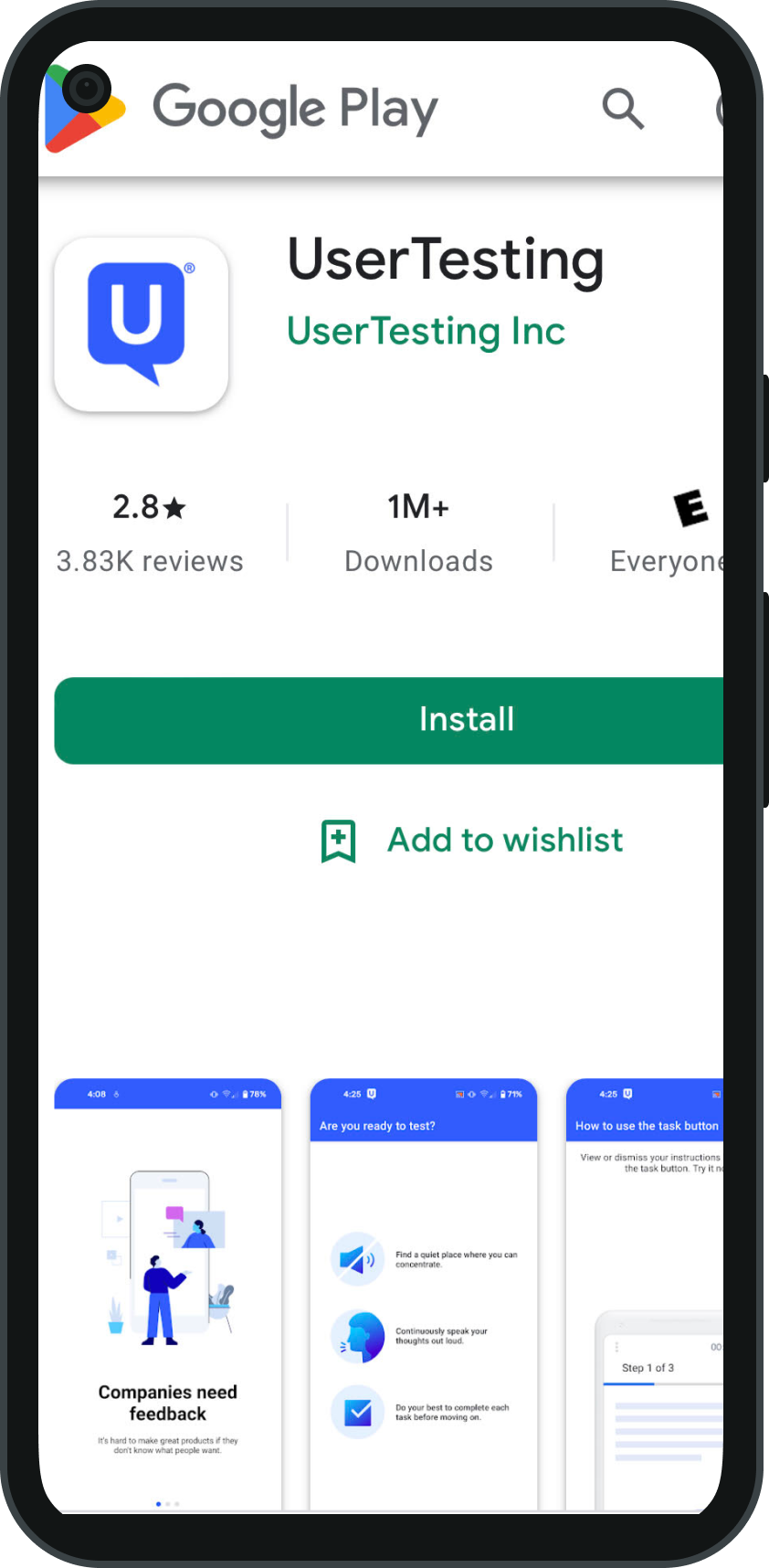 The UserTesting mobile app listing in the Google Play Store