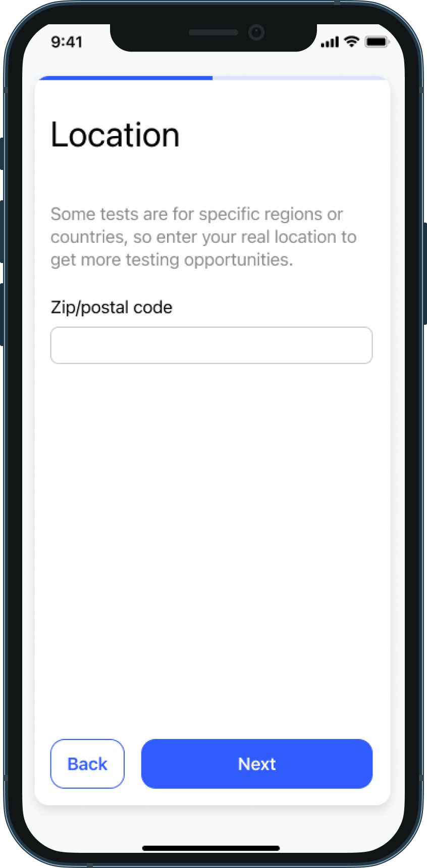 A screen that includes a field to provide a postal code.  A Next button allows the user to proceed to the next screen and a Back button allows the user to return to the previous screen.