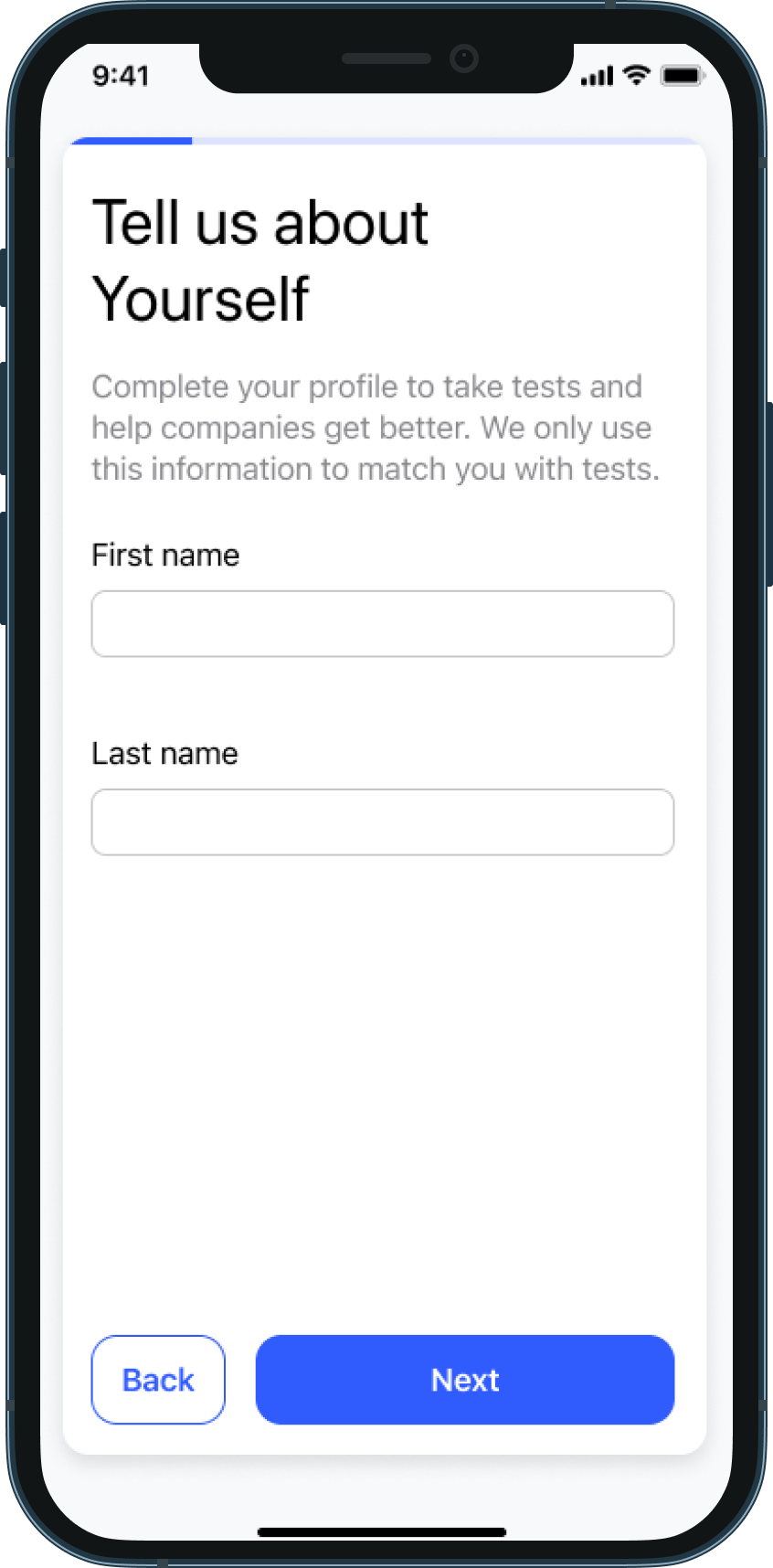 A screen that includes a field to provide a first name and another field to provide a last name. A Next button allows the user to proceed to the next screen and a Back button allows the user to return to the previous screen.