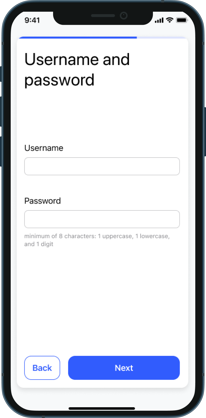 A screen that includes a field to create a username and a field to create a password. A Next button allows the user to proceed to the next screen and a Back button allows the user to return to the previous screen.