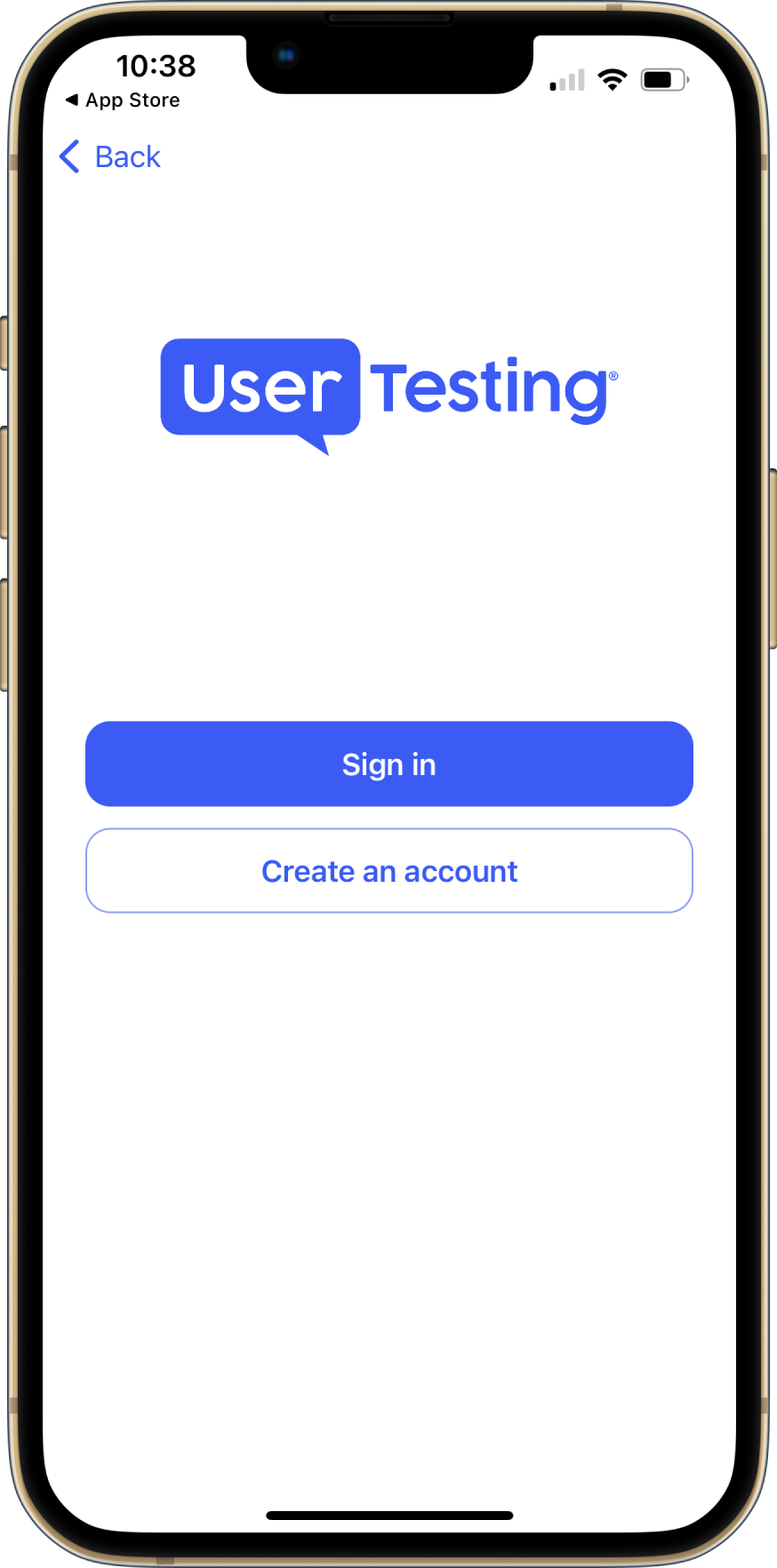 The UserTesting mobile sign in screen. The page features a Sign in button and a Create an account button.