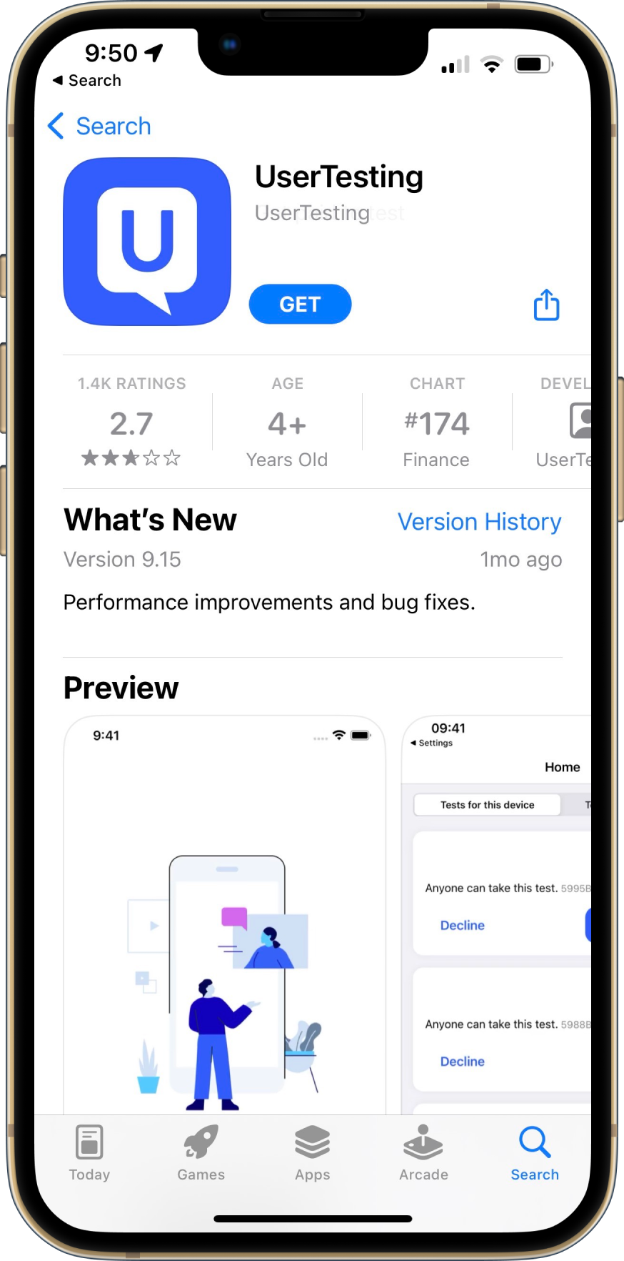 The UserTesting mobile app listing in the App Store