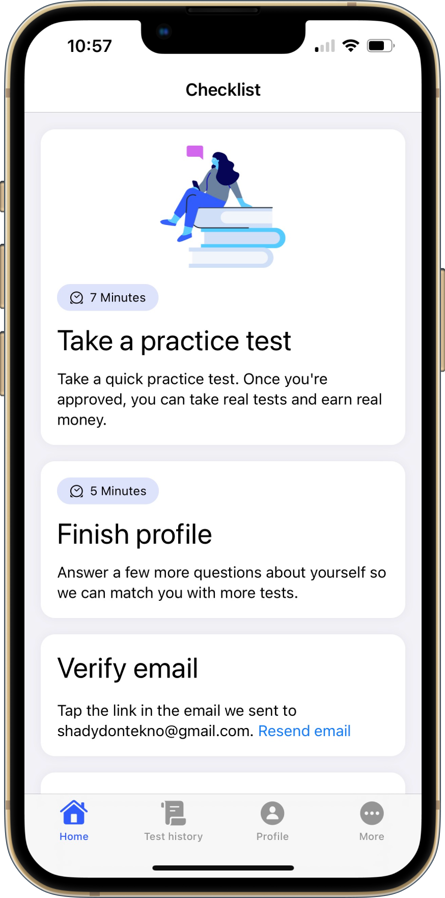 A set of tiles on the mobile app dashboard. Each tile includes a call to action and description and represents a step required to finish setting up your account.
