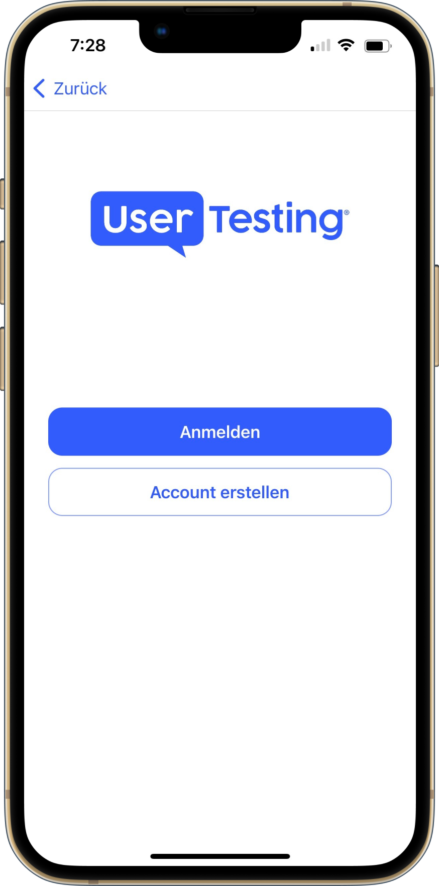 Der Anmeldebildschirm von UserTesting mobile. Die Seite enthält eine Schaltfläche Anmelden und eine Schaltfläche Ein Konto erstellen.