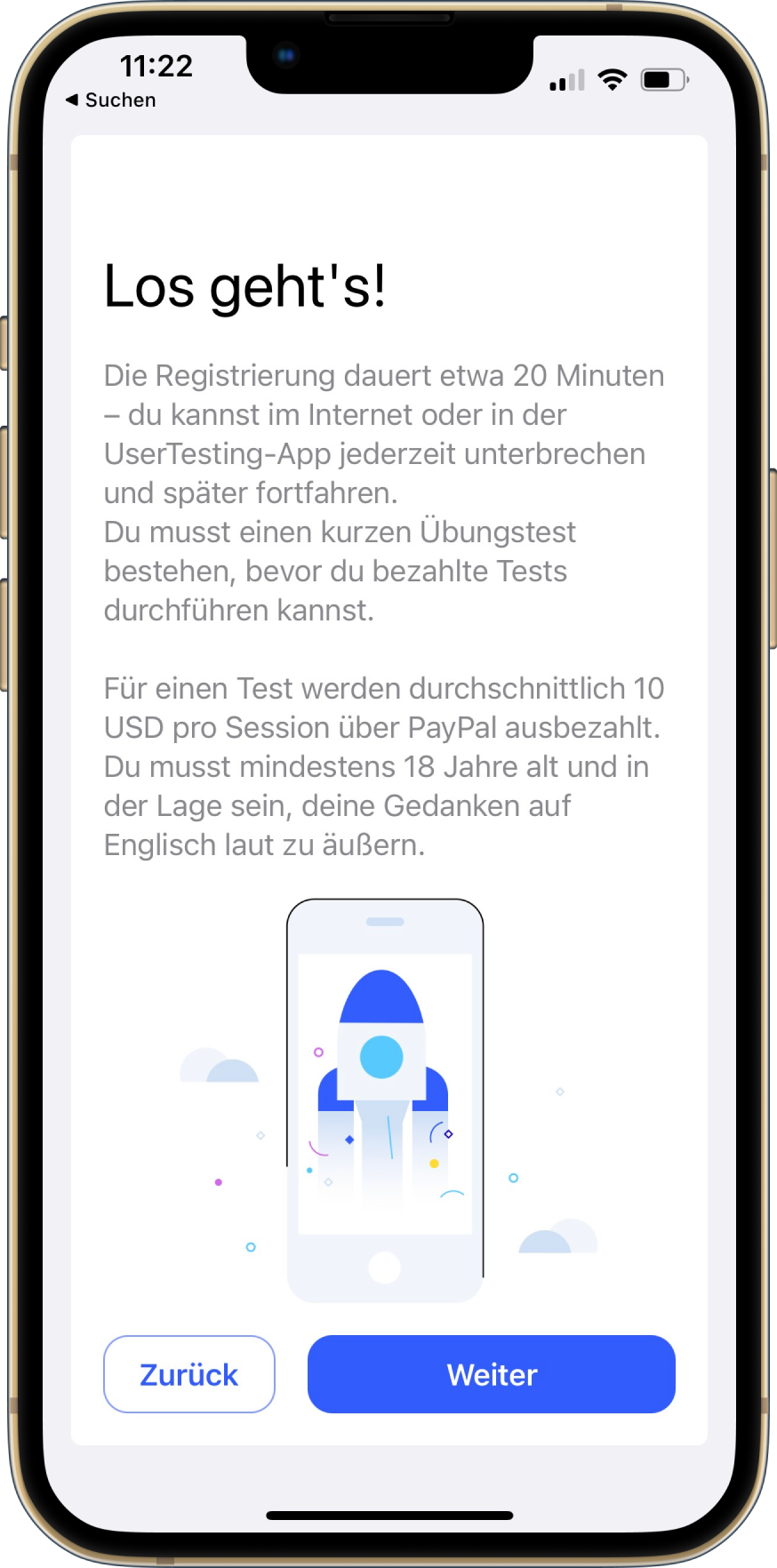 Ein Anmeldebildschirm, der die Erwartungen an den Test vermittelt.Eine Schaltfläche Weiter ermöglicht es dem Benutzer, zum nächsten Bildschirm zu gelangen, und eine Schaltfläche Zurück ermöglicht es dem Benutzer, zum vorherigen Bildschirm zurückzukehren.