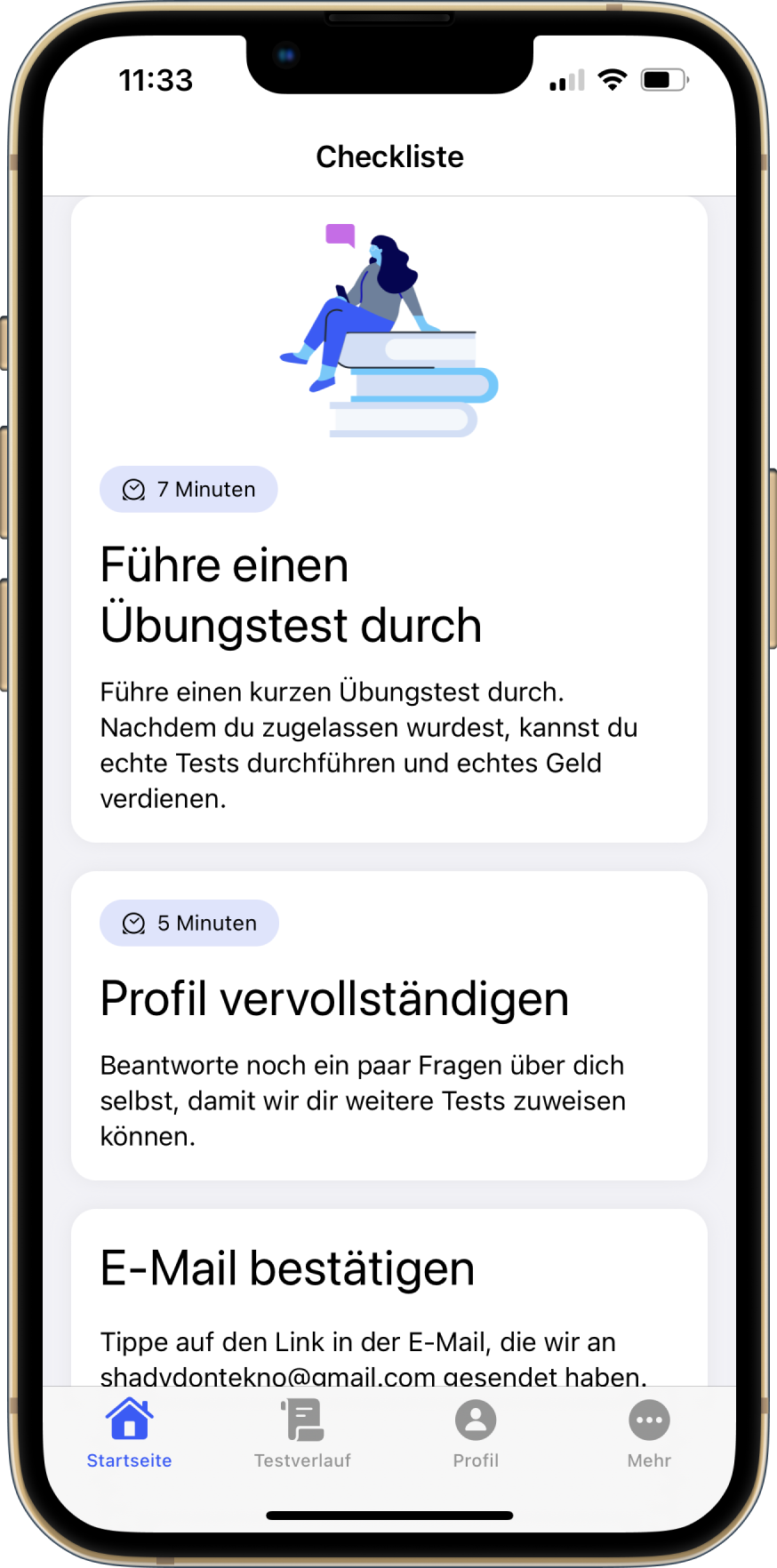 Eine Reihe von Kacheln auf dem Dashboard der mobilen App. Jede Kachel enthält eine Handlungsaufforderung und eine Beschreibung und stellt einen Schritt dar, der für die Einrichtung Ihres Kontos erforderlich ist.