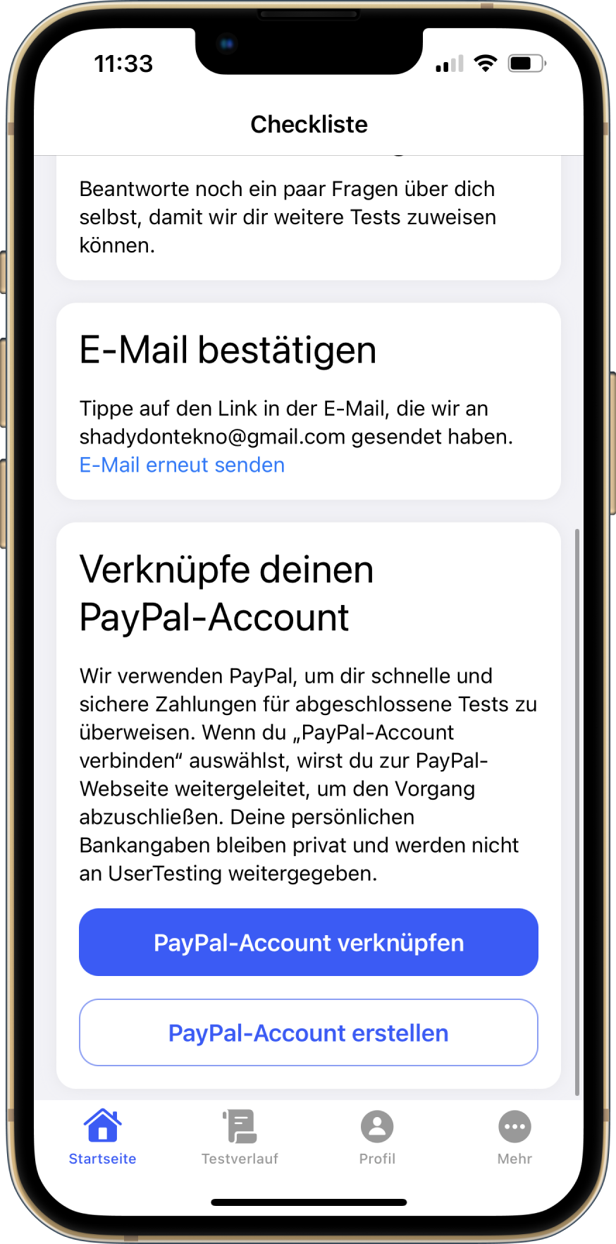 Eine Reihe von Kacheln auf dem Dashboard der mobilen App. Jede Kachel enthält eine Handlungsaufforderung und eine Beschreibung und stellt einen Schritt dar, der für die Einrichtung Ihres Kontos erforderlich ist.
