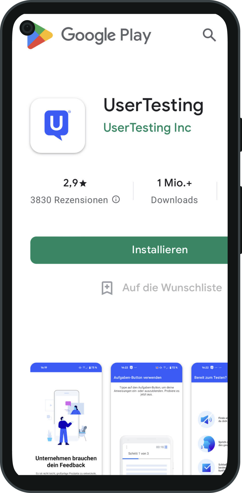 Die UserTesting-App im Google Play Store