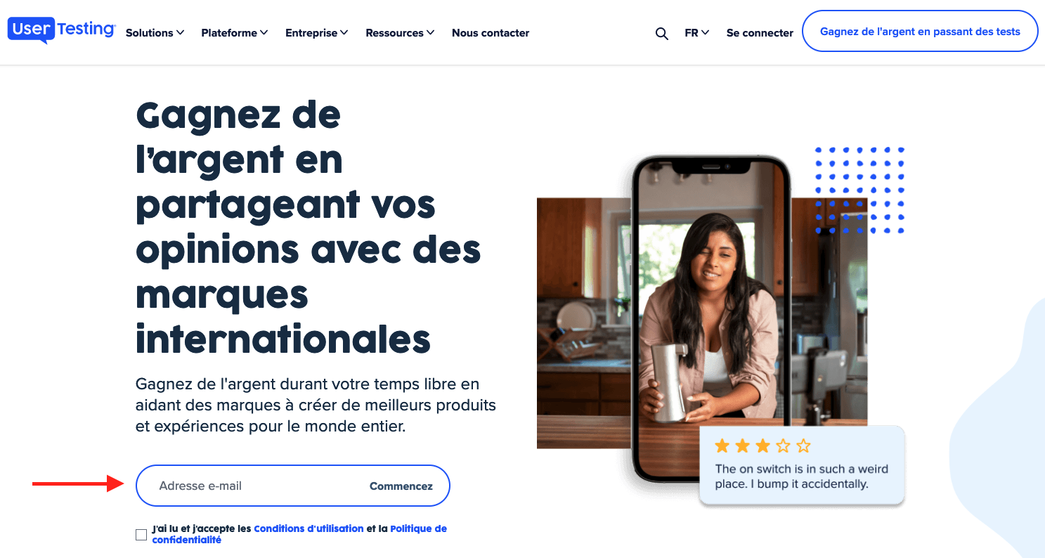 La page d'inscription de UserTesting avec une flèche rouge pointant vers le champ de saisie de l'adresse e-mail