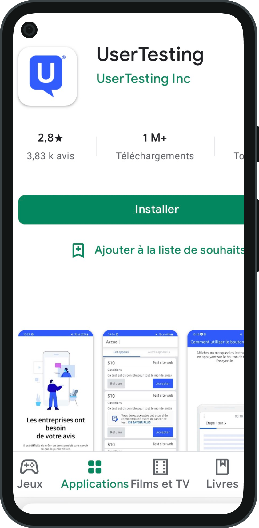 L'application mobile UserTesting dans le Google Play Store