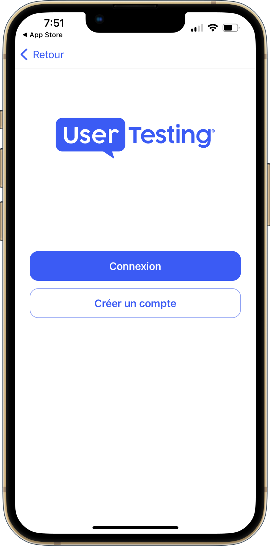 L'écran de connexion de UserTesting mobile. La page comporte un bouton Connexion et un bouton Créer un compte