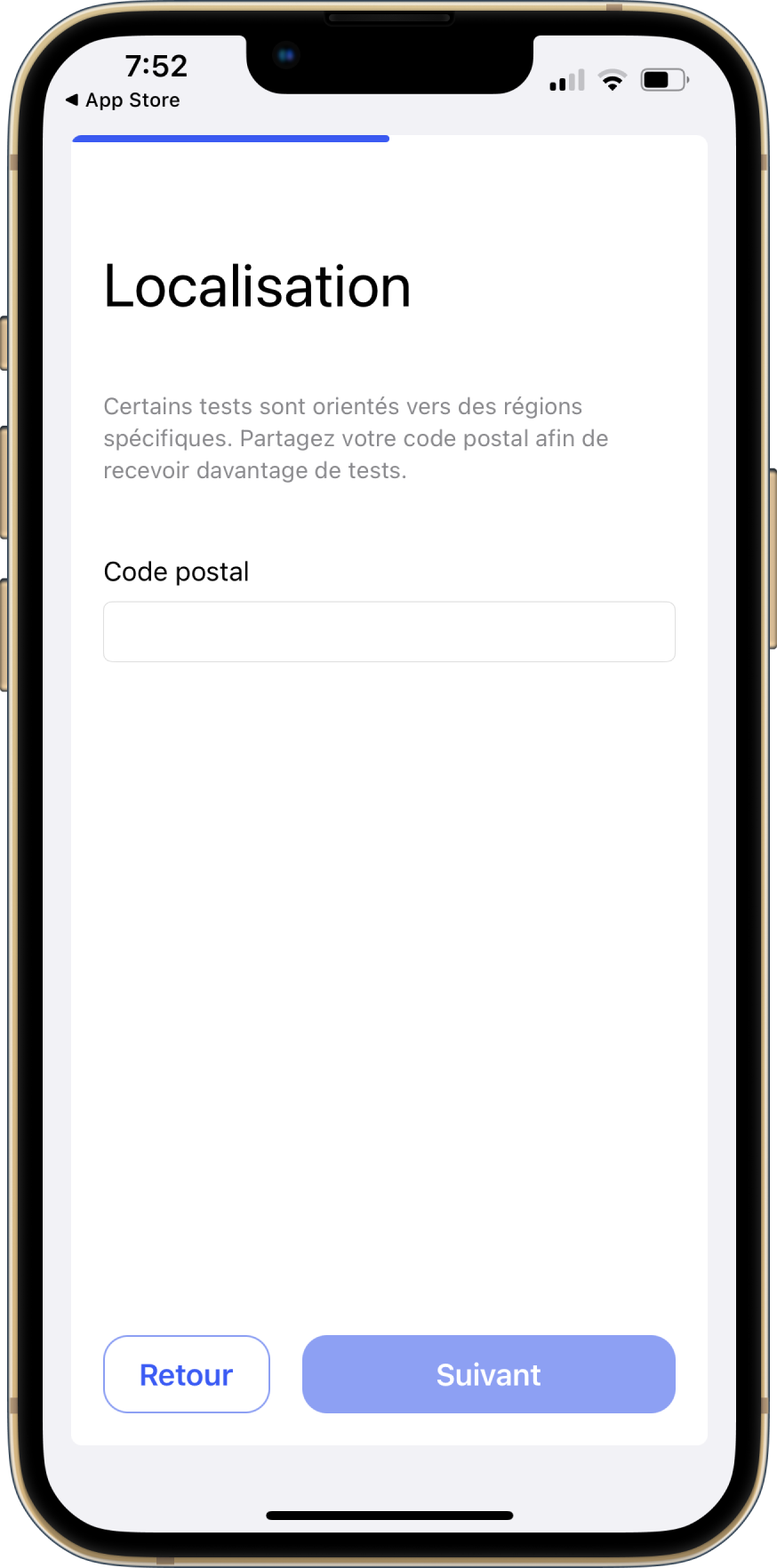 Un écran qui comprend un champ pour fournir un code postal.  Un bouton Suivant permet à l'utilisateur de passer à l'écran suivant et un bouton Retour permet à l'utilisateur de revenir à l'écran précédent