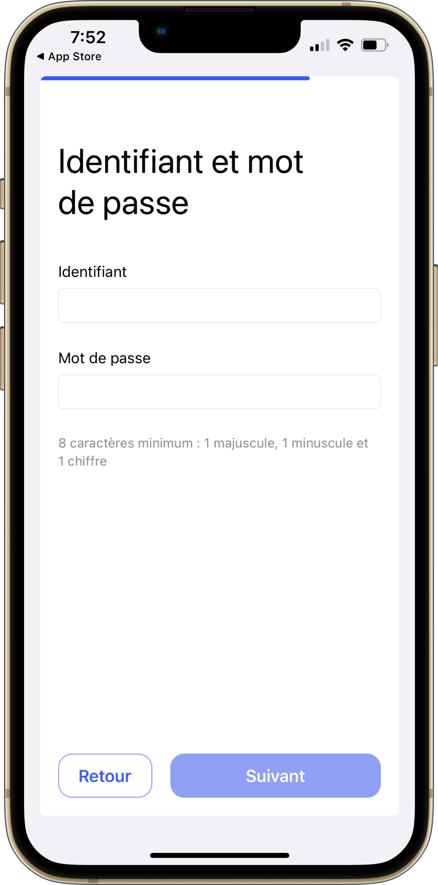 A screen that includes a field to create a username and a field to create a password. A Next button allows the user to proceed to the next screen and a Back button allows the user to return to the previous screen