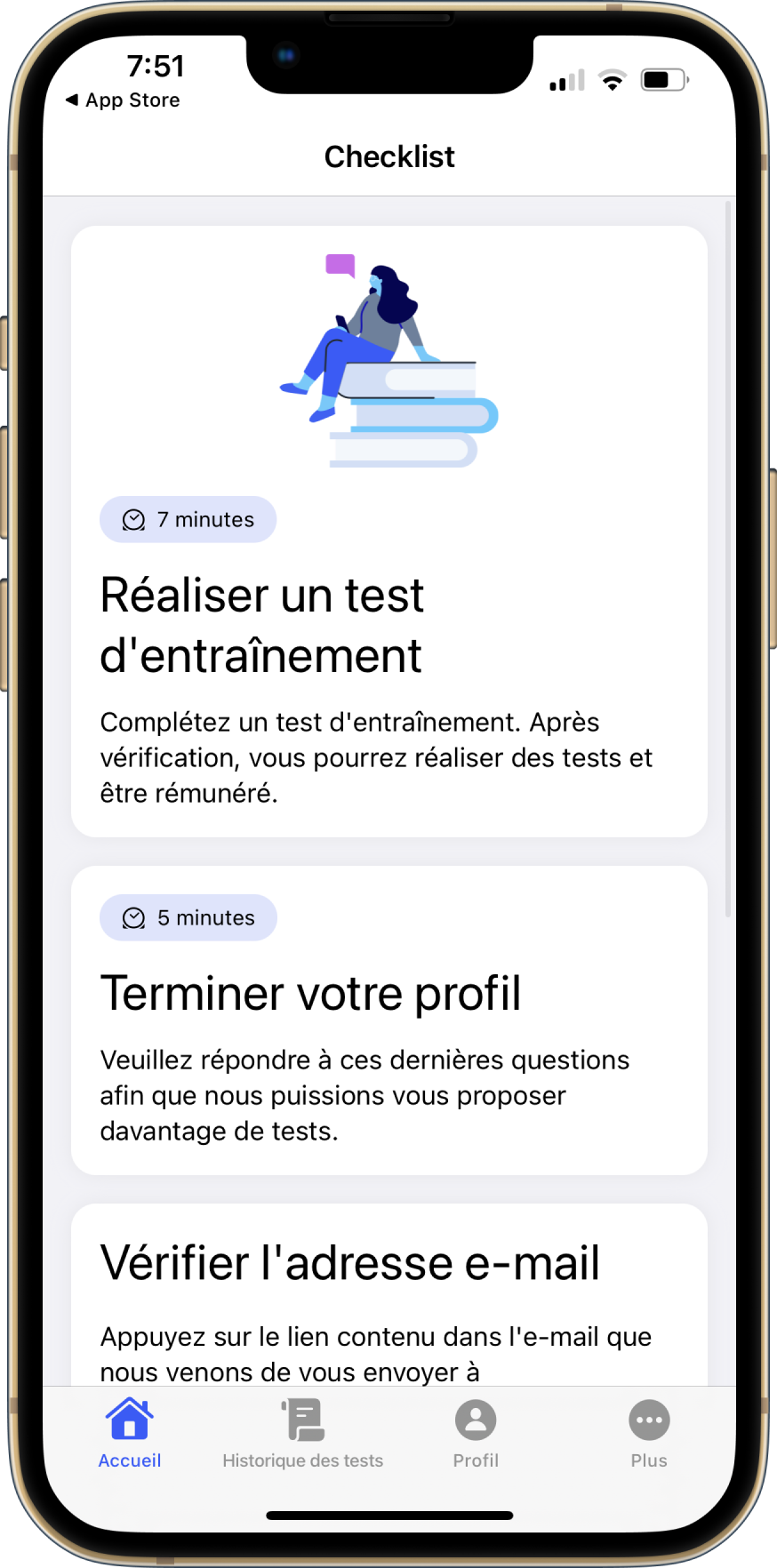 Un ensemble de tuiles sur le tableau de bord de l'application mobile. Chaque tuile comprend un appel à l'action et une description et représente une étape nécessaire pour terminer la configuration de votre compte.