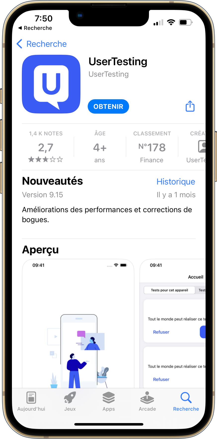 L'application mobile UserTesting dans l'App Store