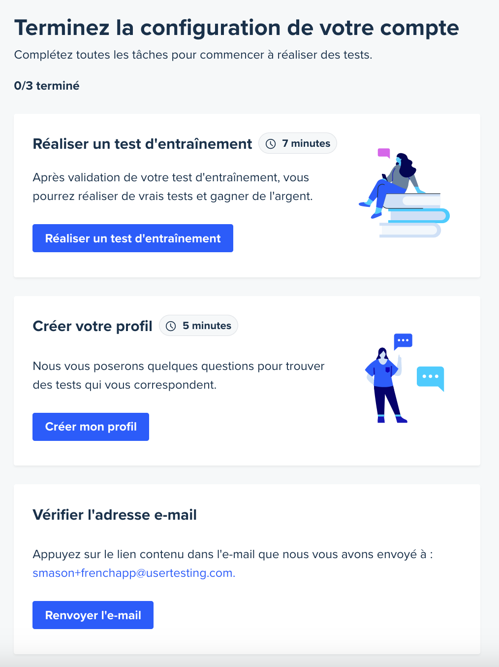 Un ensemble de tuiles sur le tableau de bord. Chaque tuile représente une étape nécessaire pour terminer la configuration de votre compte et comprend une description et un bouton pour terminer l'étape.