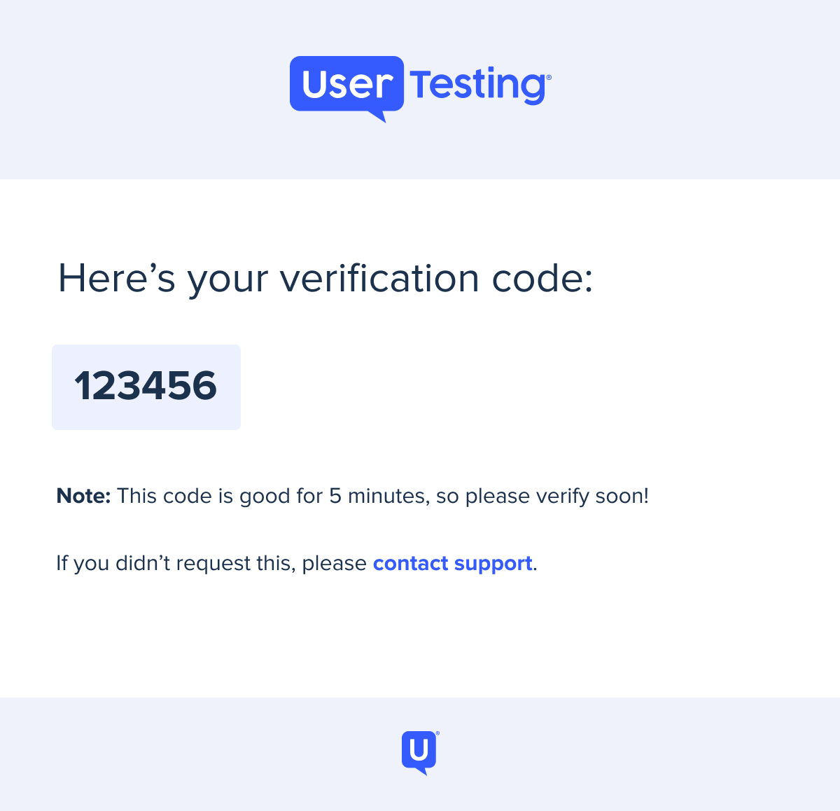 Email notification with subject line 'Your UserTesting verification code'