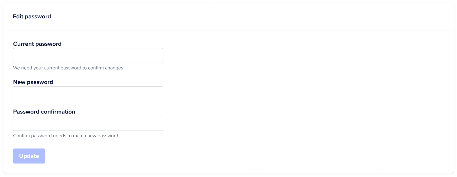 Settings page showing the Edit password section