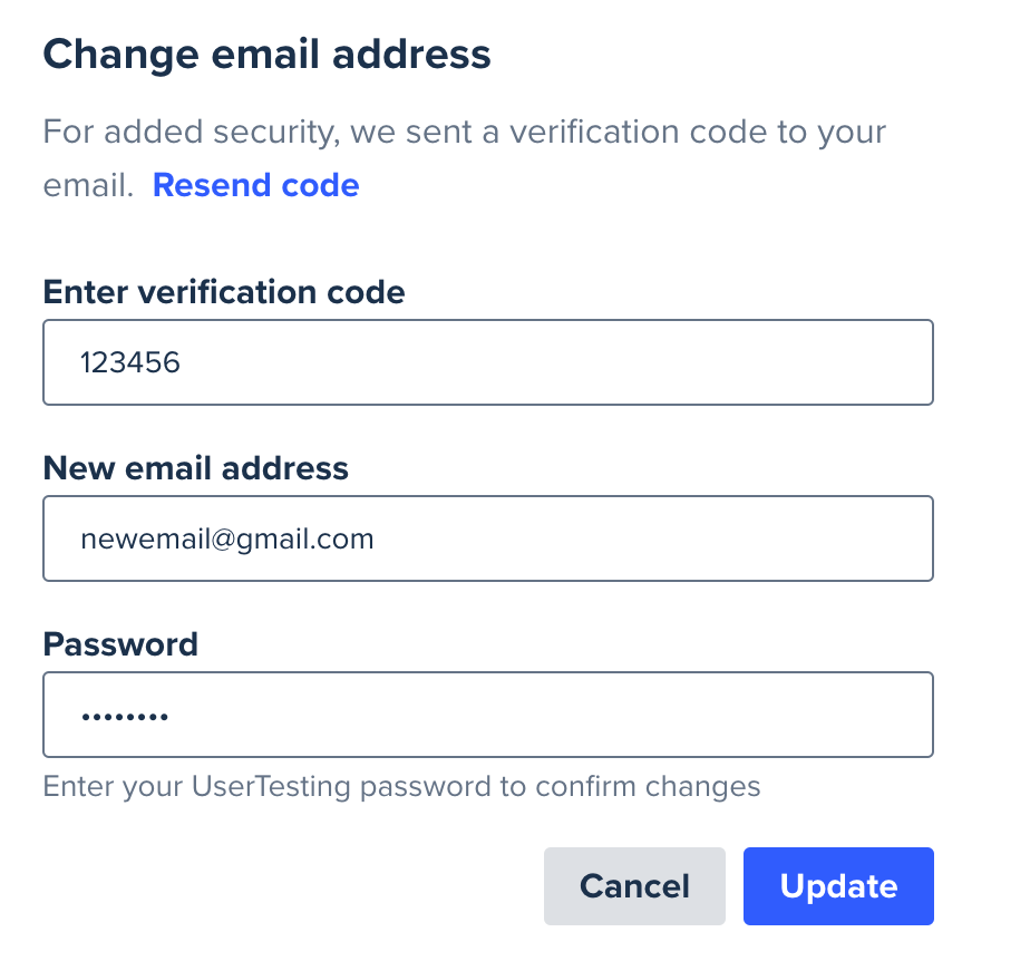 Email change form showing the Enter verification code field and current password field