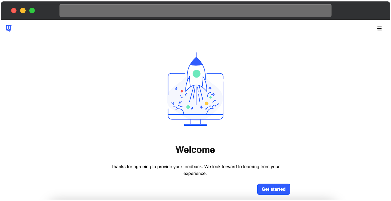 A welcome screen on the UserTesting platform. The page features a central illustration of a rocket launching from a computer monitor, surrounded by colorful shapes. Below, a message thanks the participant for agreeing to provide feedback and expresses excitement to learn from their experience. A blue Get started button is located at the bottom right. 