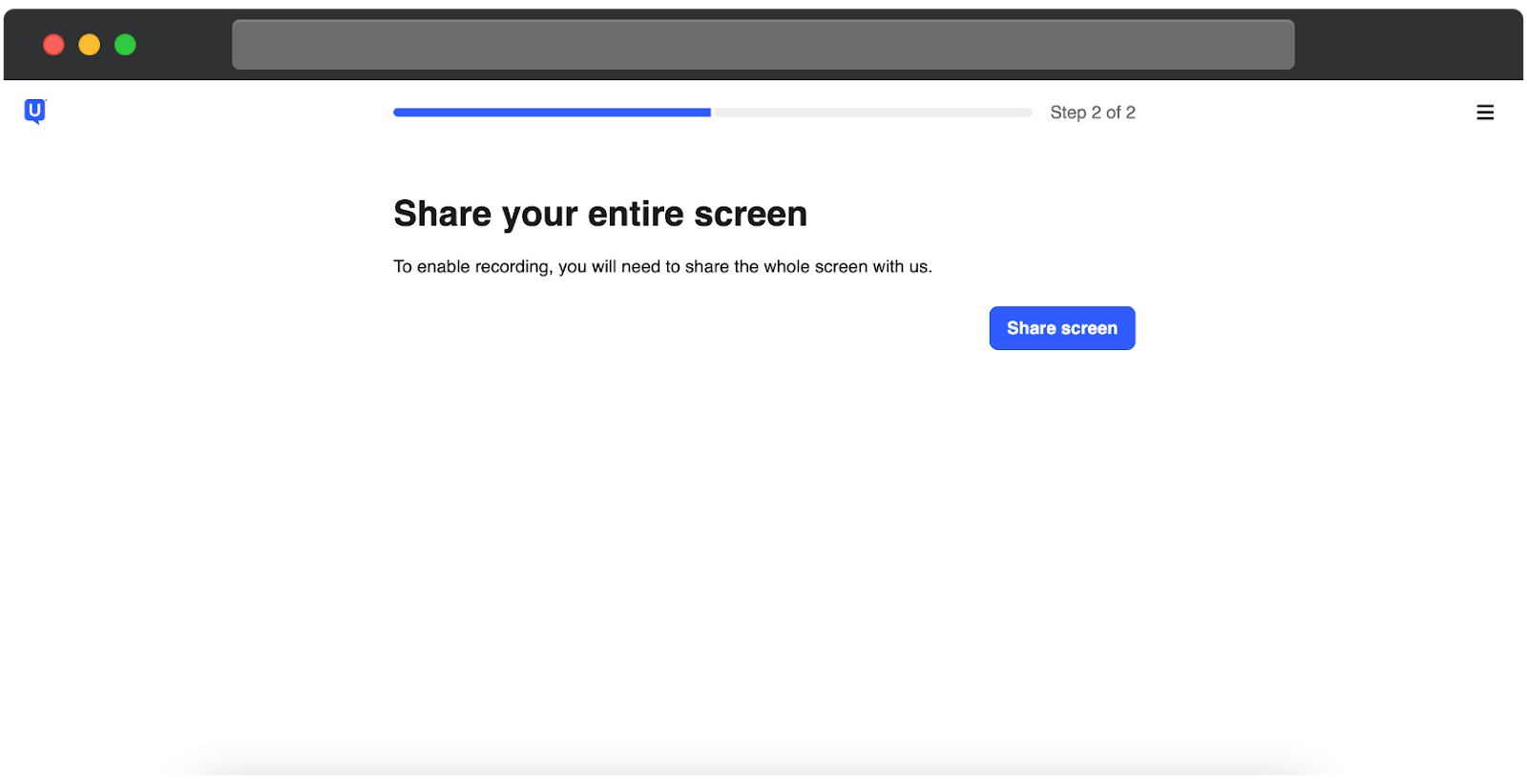 A screen recording permission step on the UserTesting platform, labeled Step 2 of 2. The page prompts the participant to share their entire screen to enable recording during a Task based test. A blue Share screen button is displayed to initiate screen sharing.