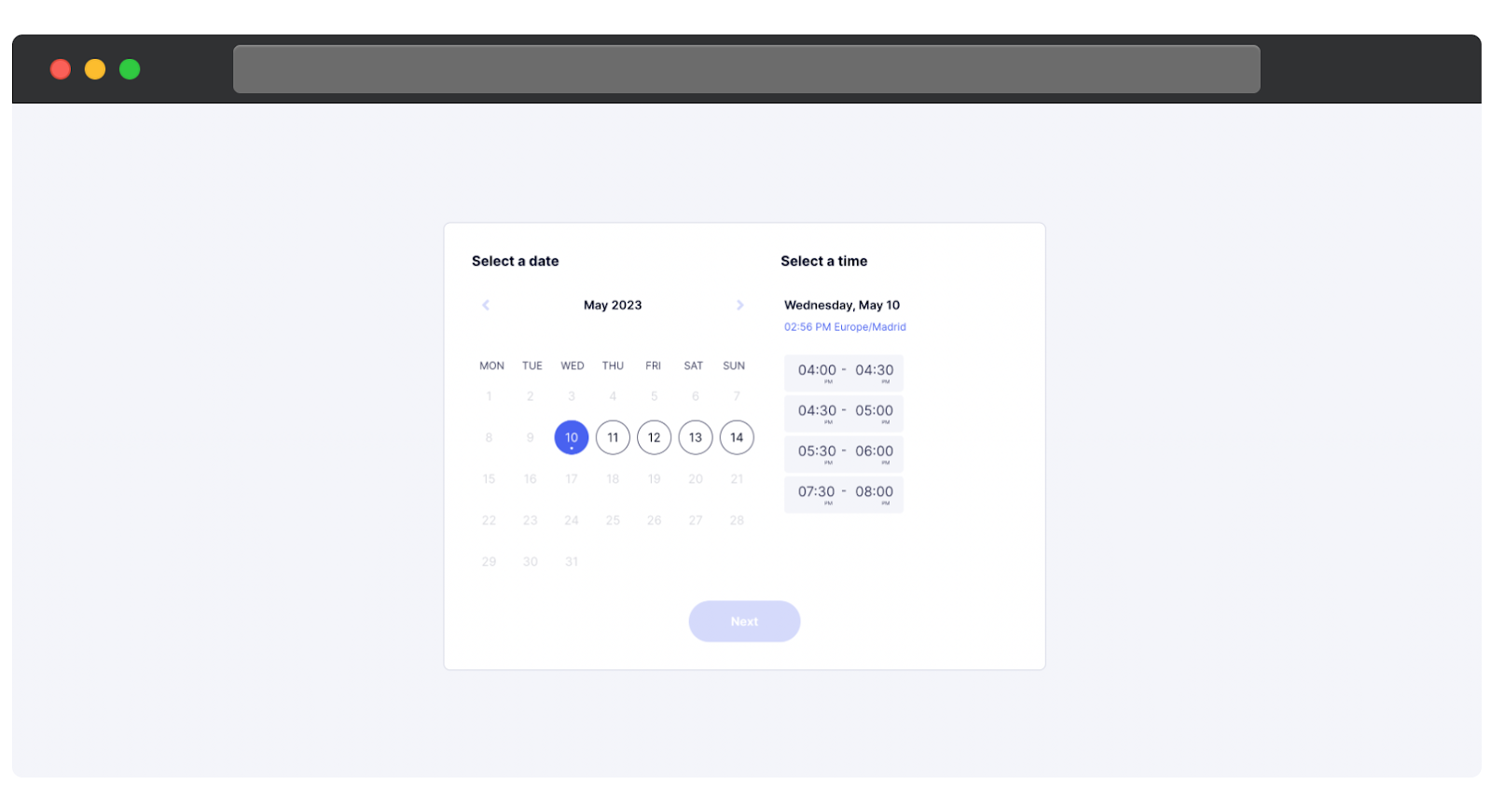 Scheduling screen showing calendar and times.
