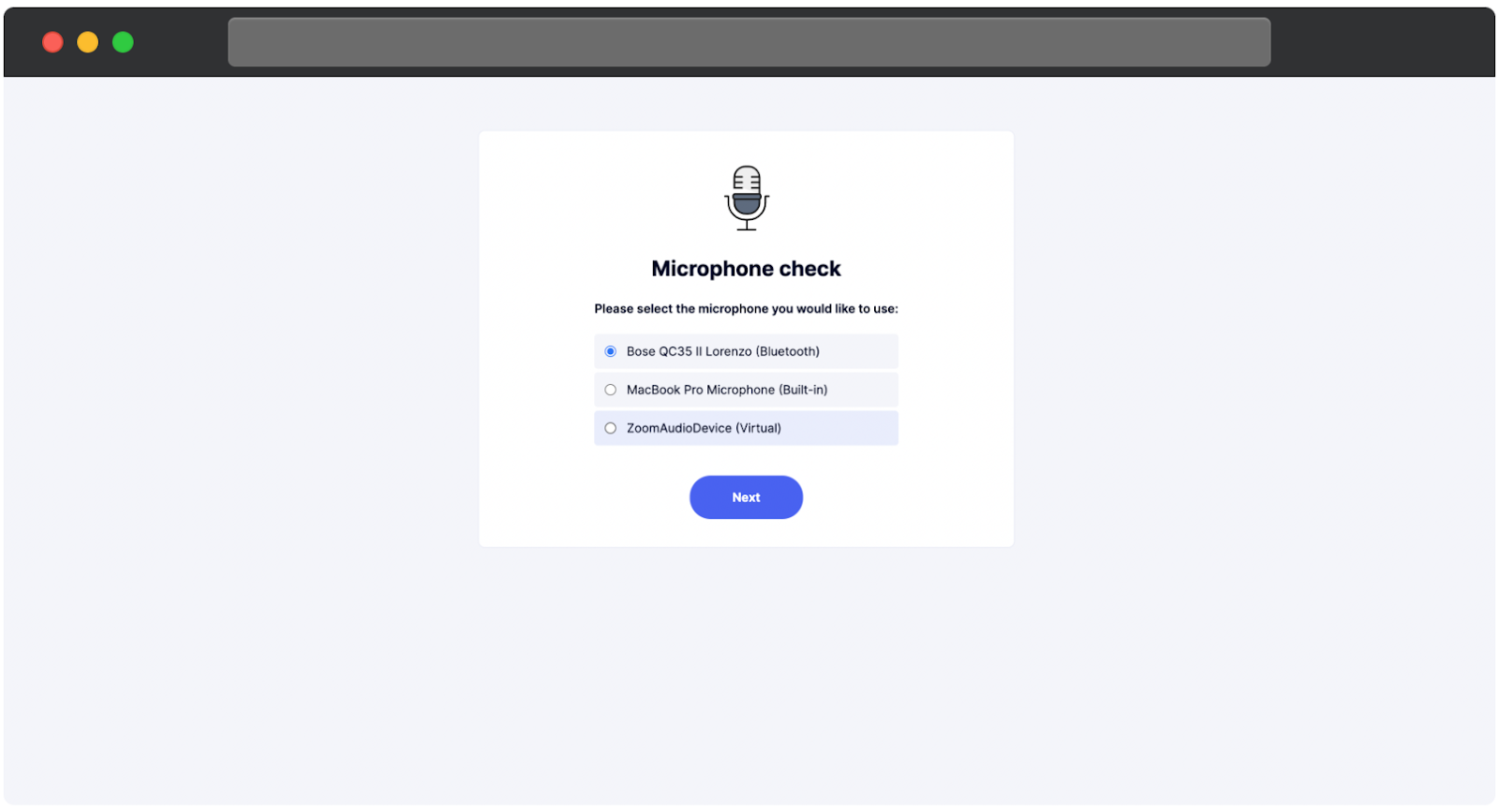 Microphone selection screen.
