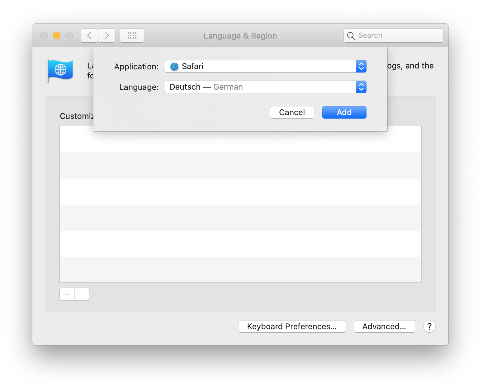 A screenshot of the Mac Language & Region settings. A window to select an application and a default language is open. Safari has been selected from the Application drop-down menu options, and German has been selected from the Language drop-down menu options.