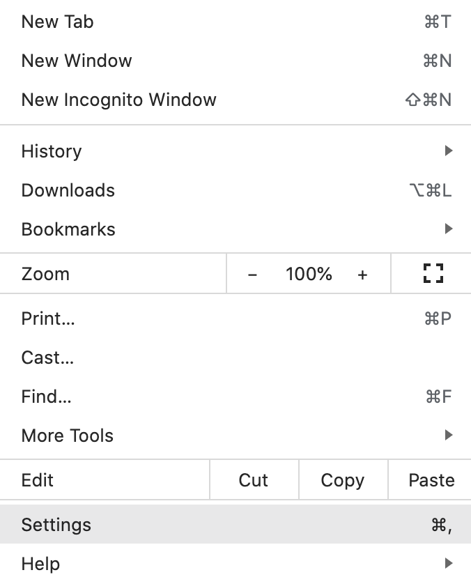 A screenshot of the Google Chrome menu opened and the Settings option selected