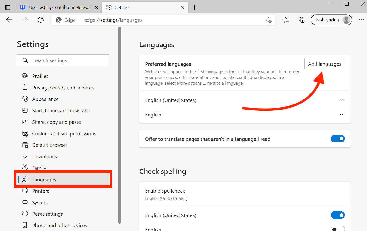 A screenshot of the Microsoft Edge Languages settings with a red arrow pointing to the Add languages button