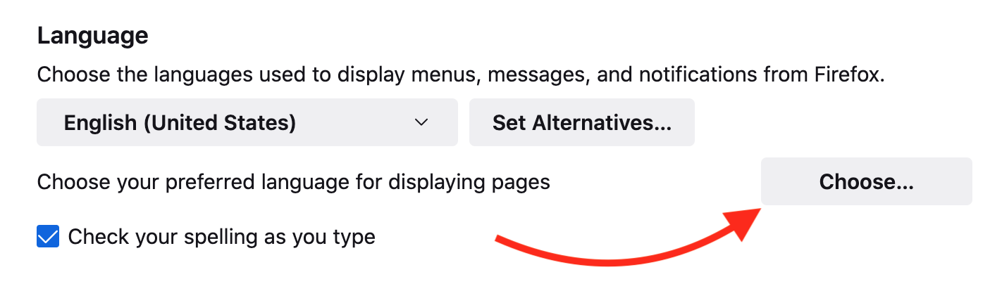 A screenshot of the Mozilla Firefox browser language settings with an arrow pointing to the Choose button