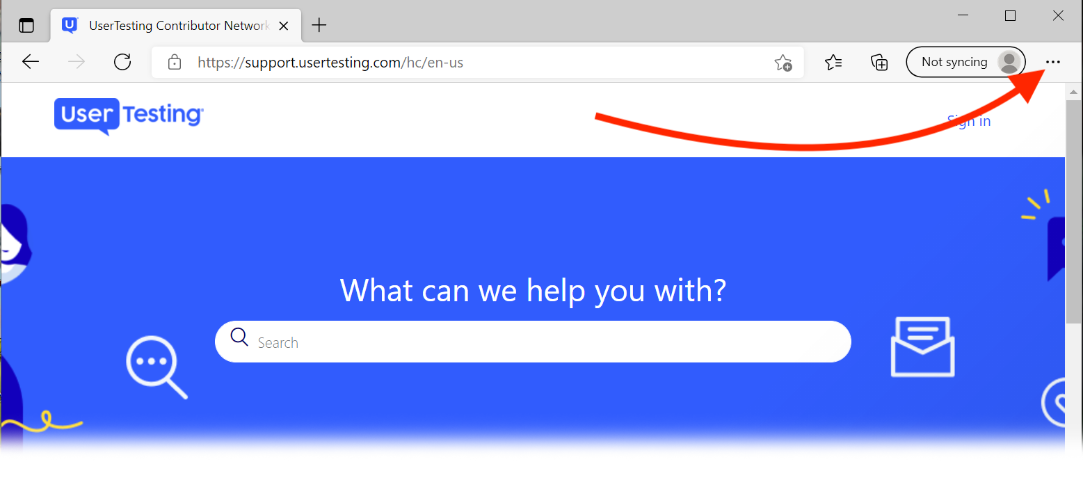 A screenshot of a open Microsoft Edge browser window with a red arrow pointing to the browser menu icon