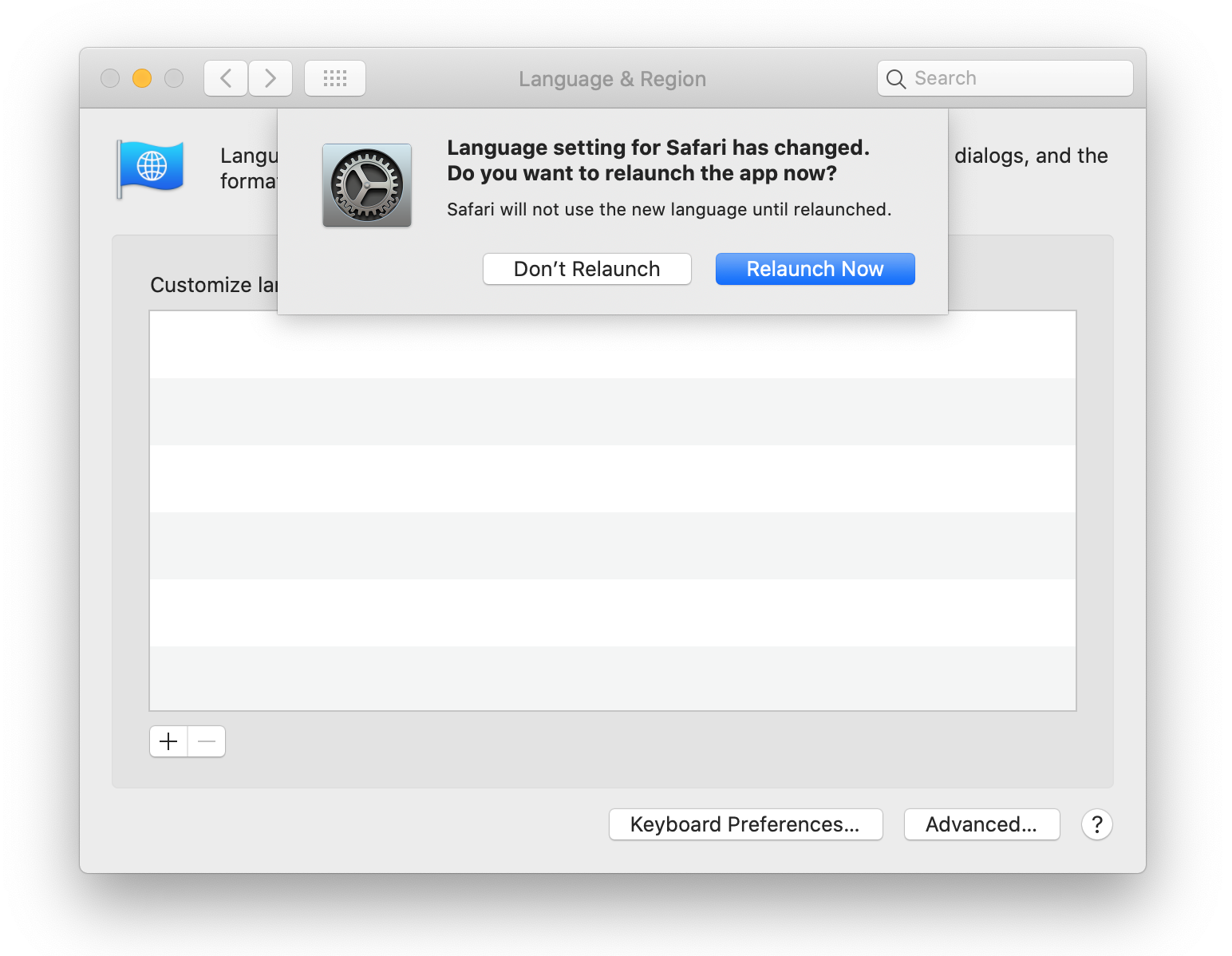 A screenshot of the Mac Language & Region settings open and a window with a message indicating that the language settings for Safari have changed and confirming if the user wants to relaunch the app to applying the new settings. The window includes a Don't Relaunch and a Relaunch Now button.