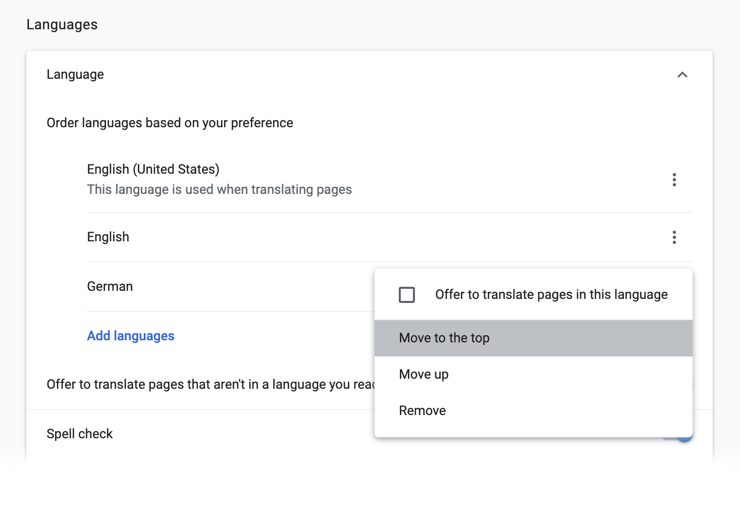 A screenshot of the Google Chrome Language settings. The option Move to the top is selected for one of the listed languages.