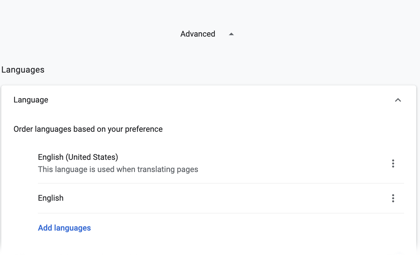 A screenshot of the Google Chrome Advanced Settings page with the Language options expanded
