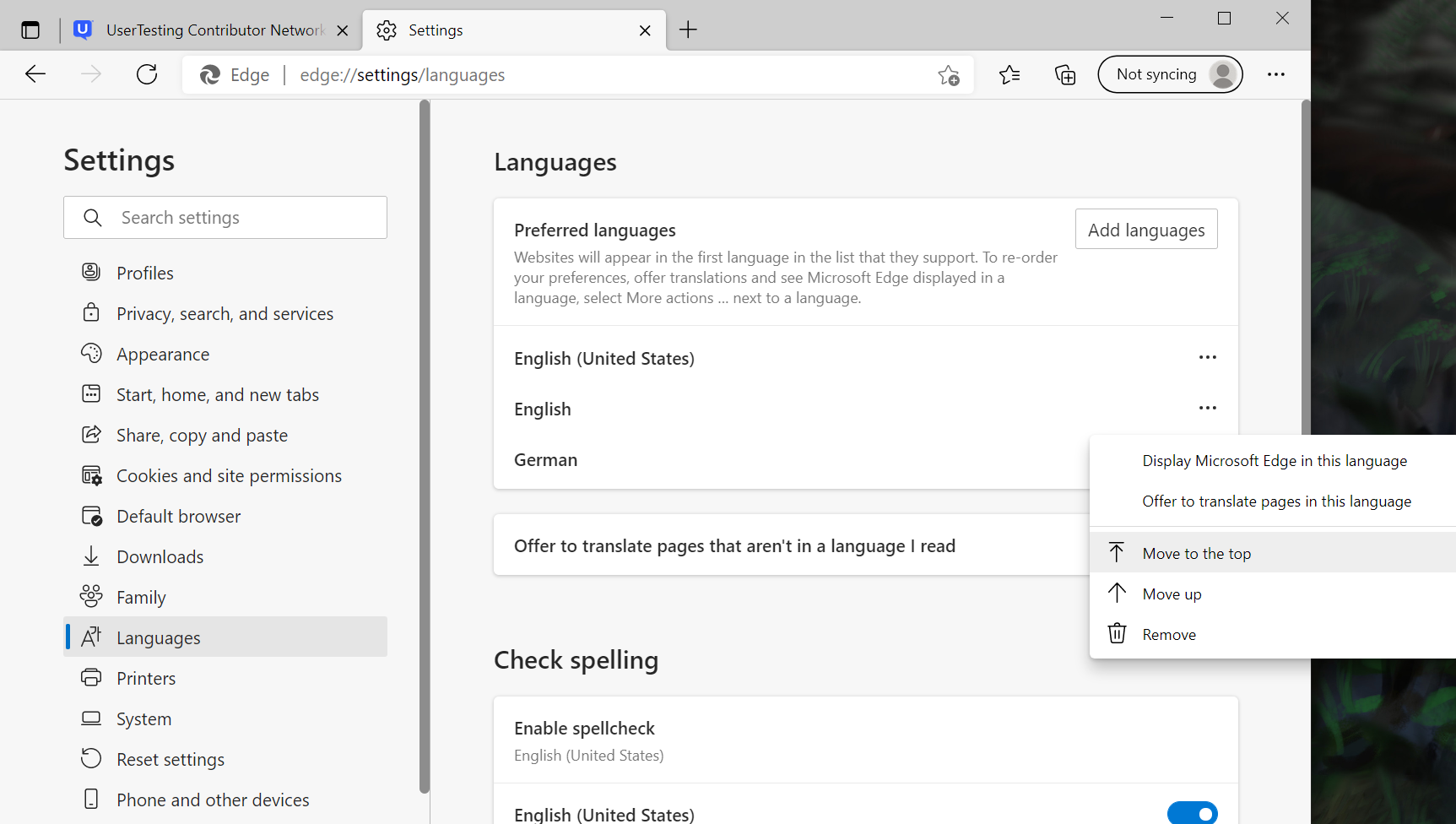 A screenshot of the Microsoft Edge Language settings. The option Move to the top is selected for one of the listed languages.