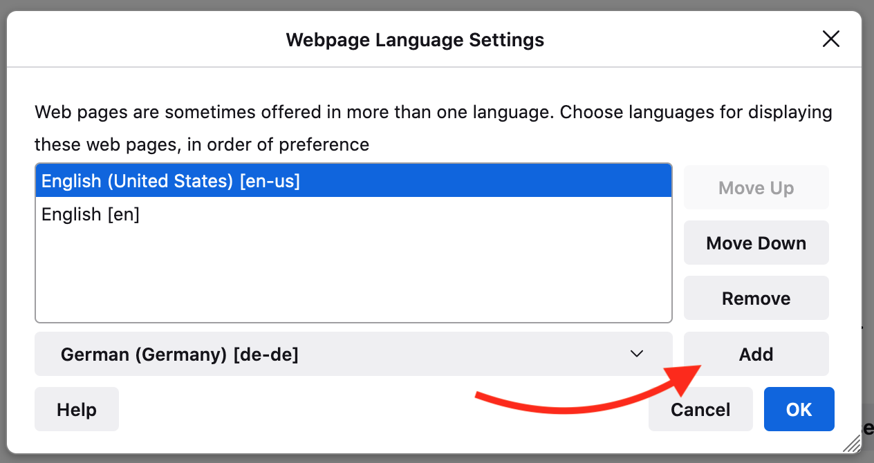 A screenshot of the Mozilla Firefox Web Page Language Settings window with a red arrow pointing to the Add button