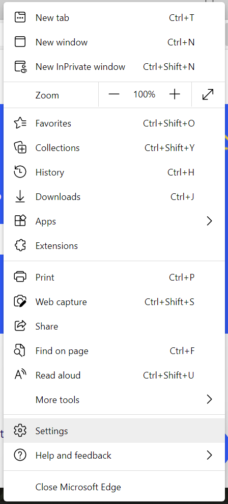 A screenshot of the Microsoft Edge browser menu opened and the Settings option selected