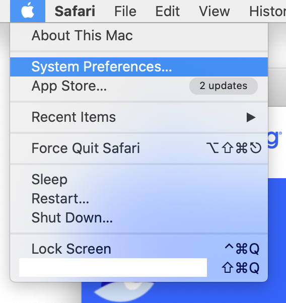 A screenshot of the Mac system menu open and the System Preferences option selected