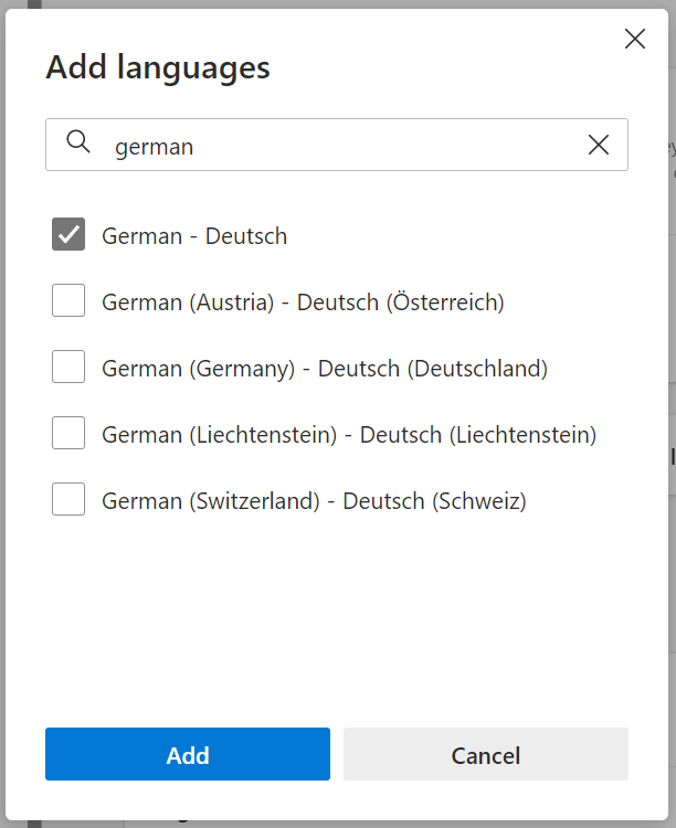 A screenshot of the Microft Edge Add languages window with German in the search field and German-Deutsch selected in the search results