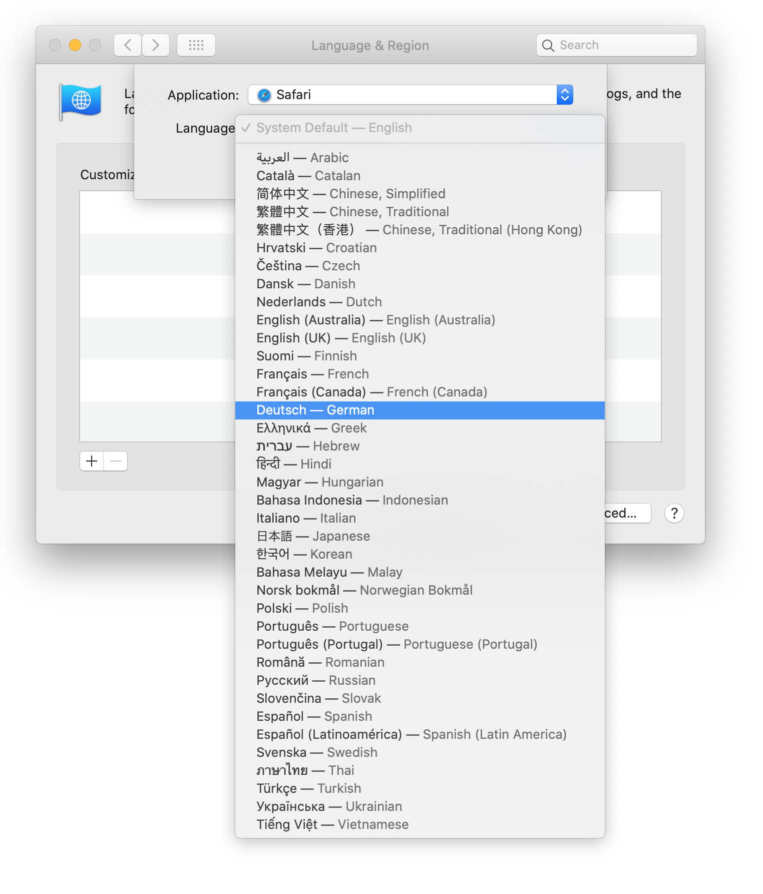 A screenshot of the Mac Language & Region settings. A window to add a new app to the list is open, and Safari has been selected from the Application drop-down menu options in the Application field. German is highlighted in the Language drop-down menu.