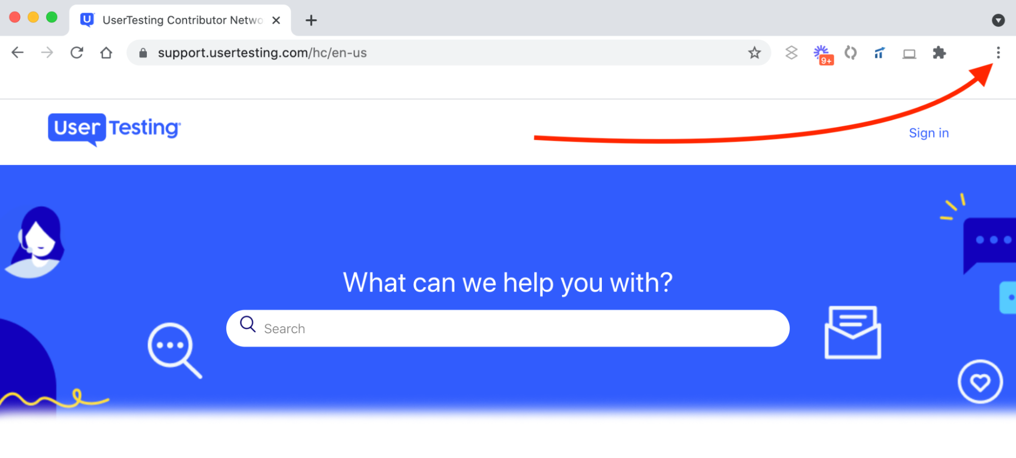 A screenshot of a open Google Chrome browser window with a red arrow pointing to the browser menu icon