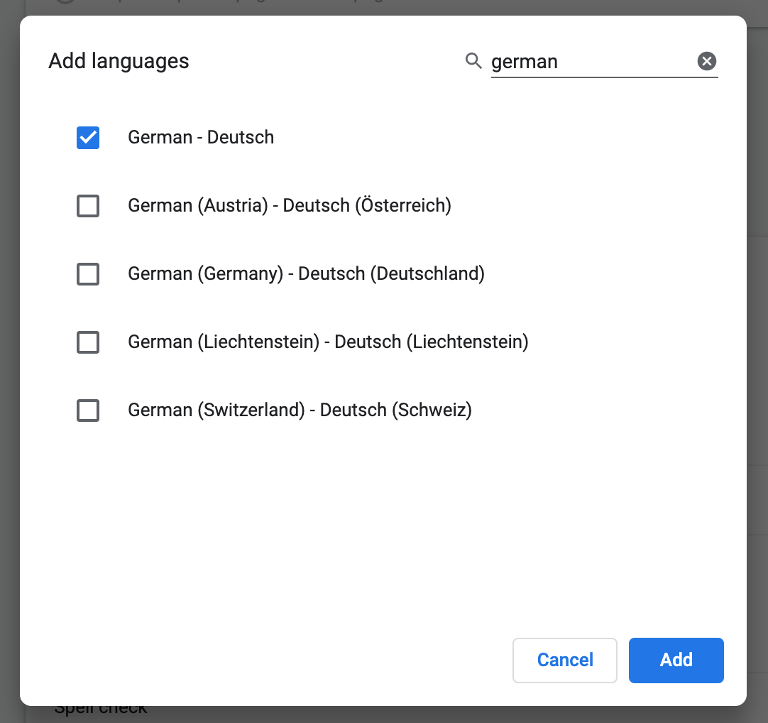 A screenshot of an open window in Google Chrome settings titled Add languages. German is in the search field and German-Deutsch is selected from a list of search results.